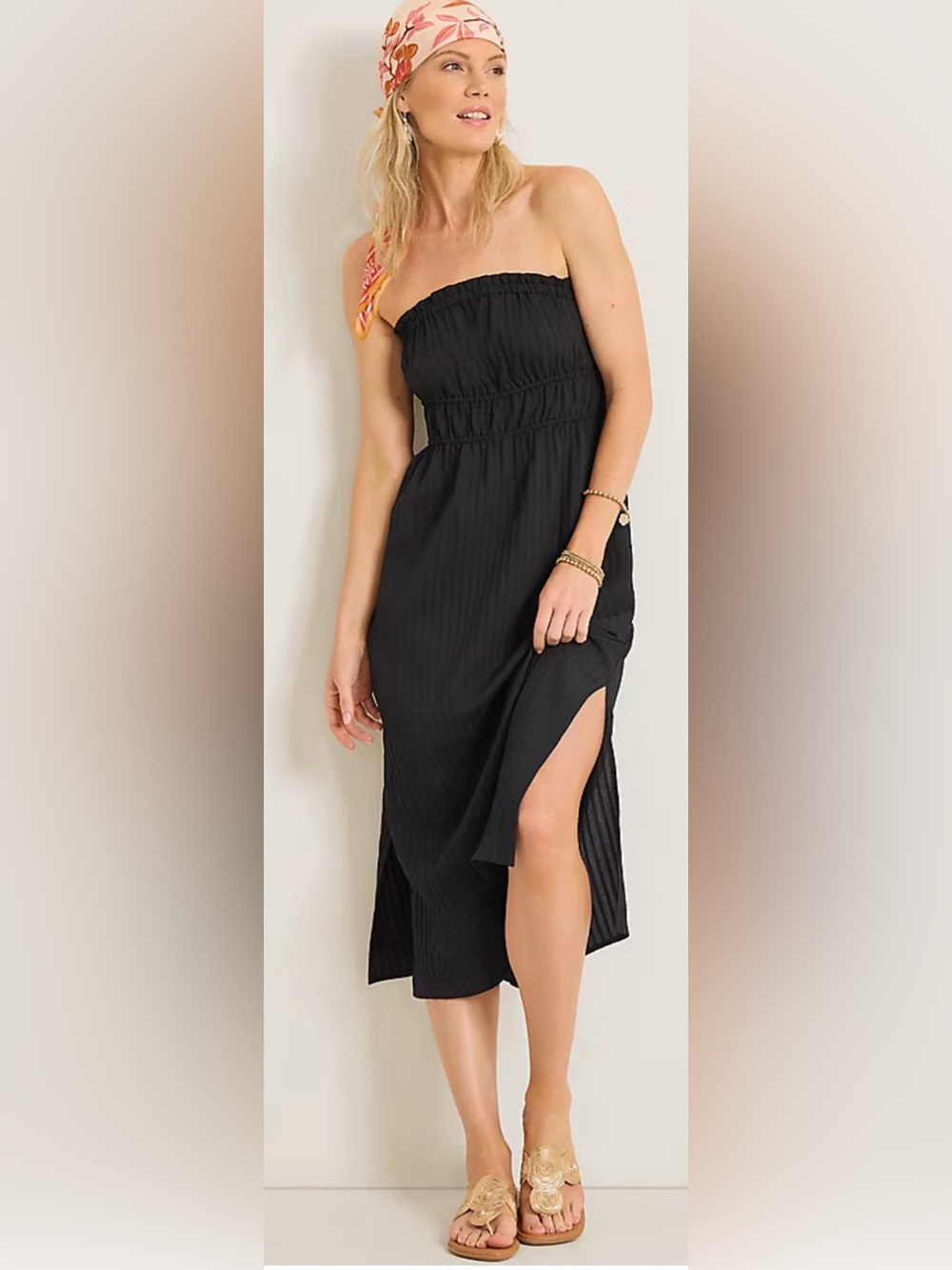 Woven Stripe Strapless Midi Coverup Dress